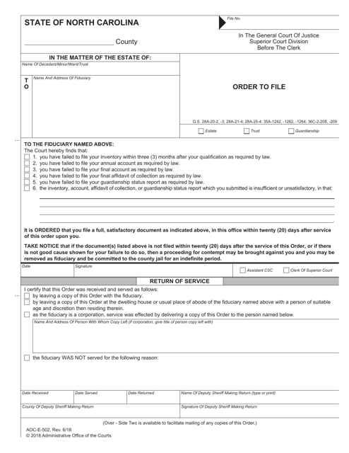 Form AOC-E-502 Order to File - North Carolina