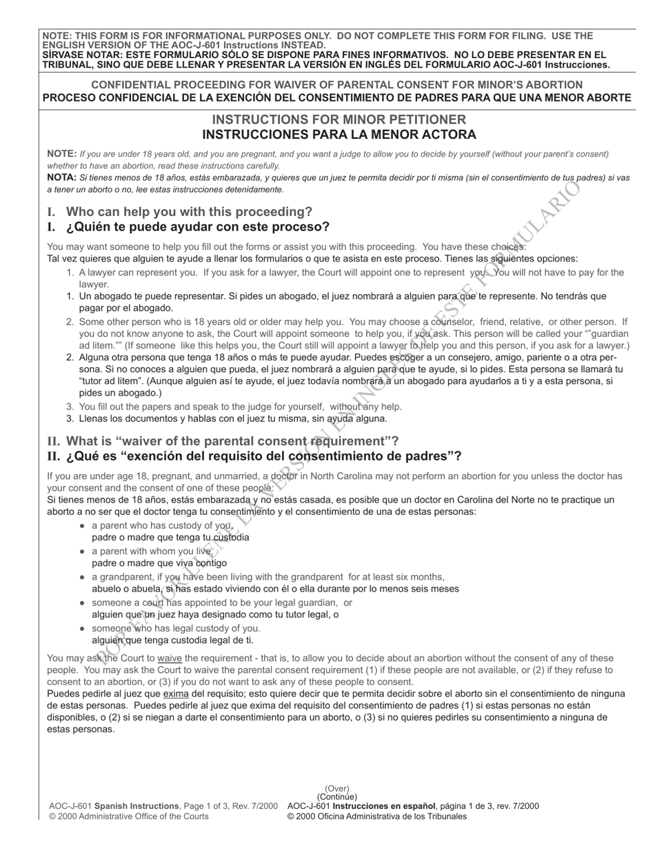 Instructions for Form AOC-J-601 Petition for Waiver of Parental Consent for Minors Abortion - North Carolina (English / Spanish), Page 1