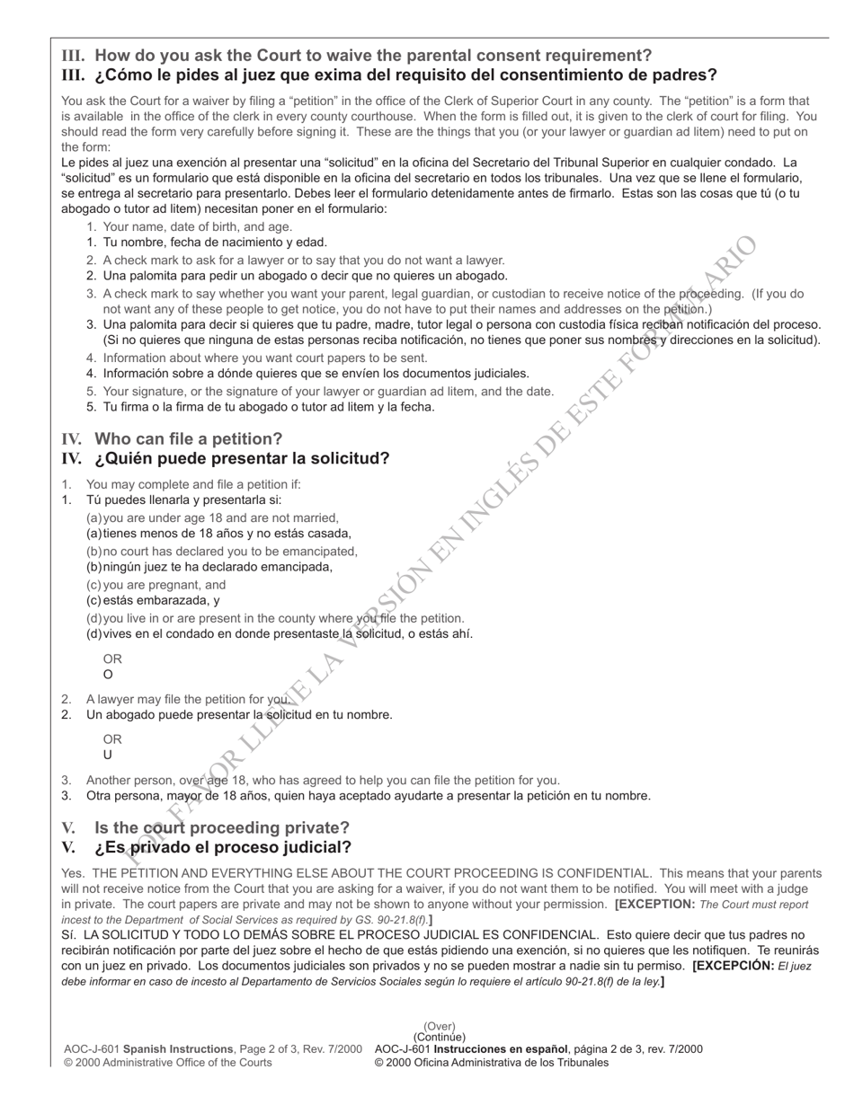 Instructions for Form AOC-J-601 Petition for Waiver of Parental Consent for Minors Abortion - North Carolina (English / Spanish), Page 2
