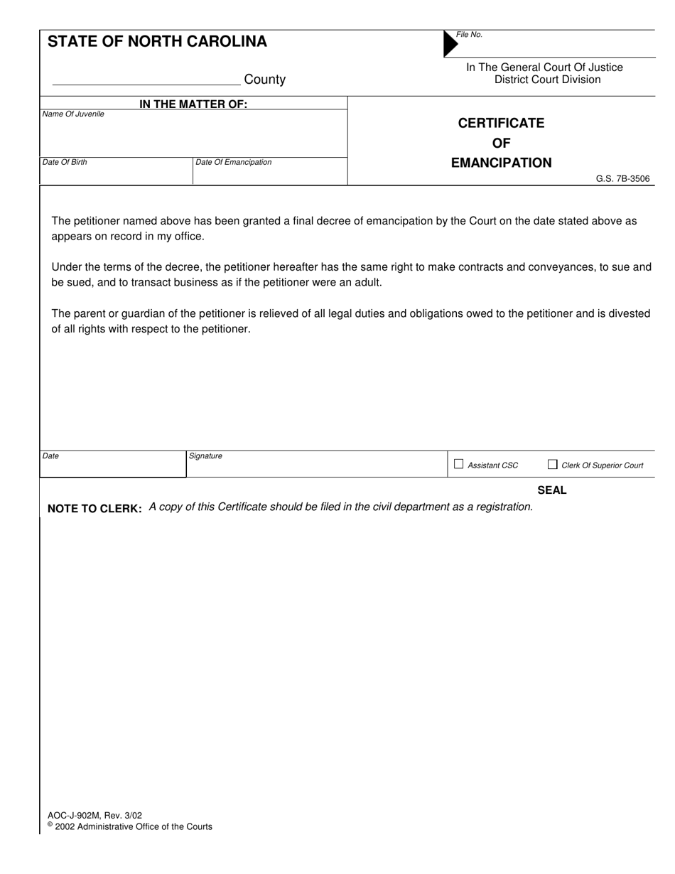 Form AOC-J-902M Certificate of Emancipation - North Carolina, Page 1