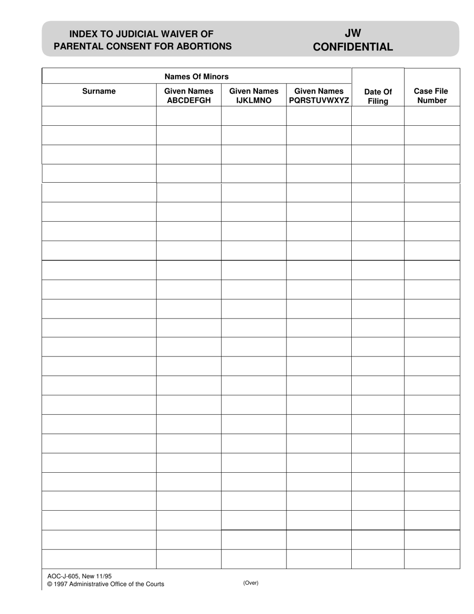 Form AOC-J-605 Index to Judicial Waiver of Parental Consent for Abortions - North Carolina, Page 1