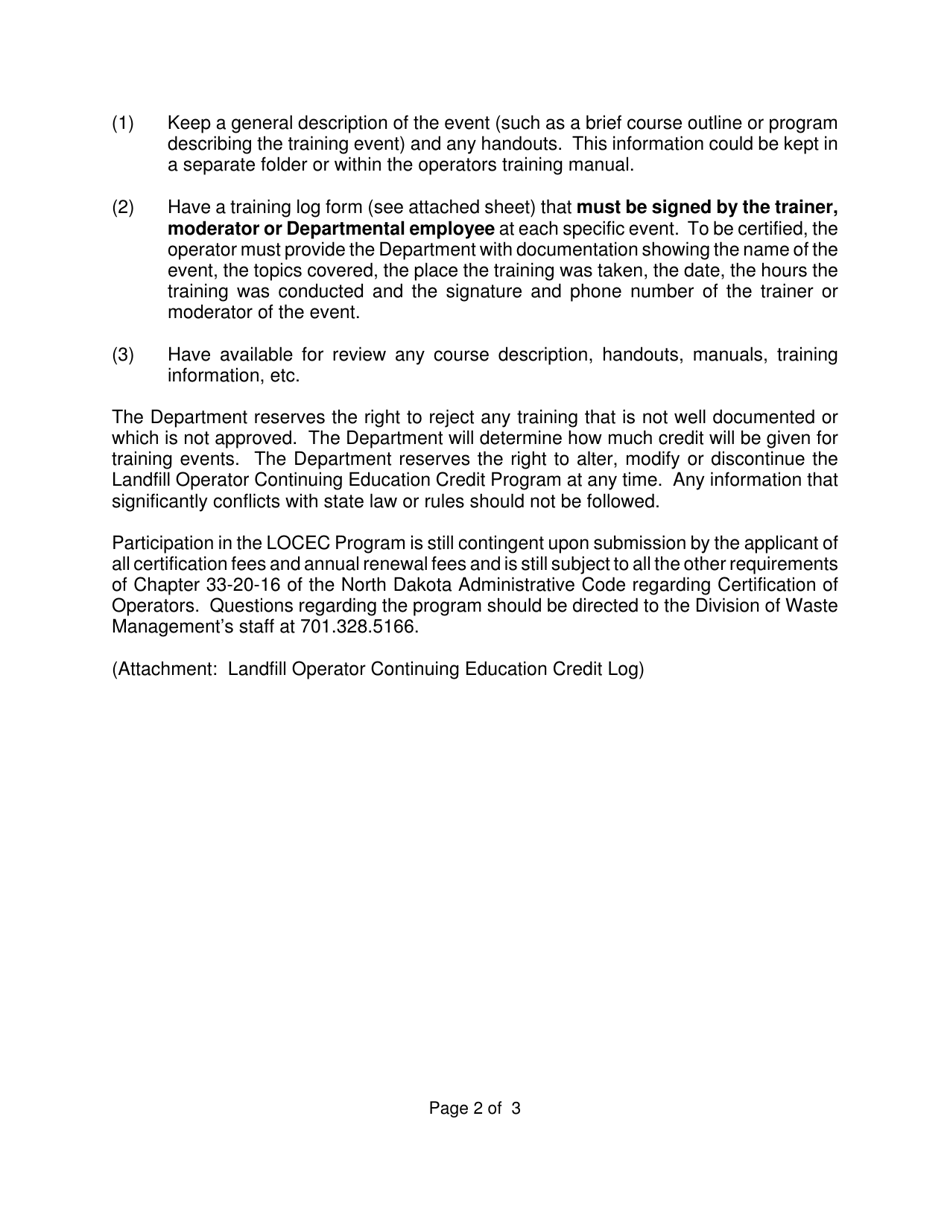 Landfill Operator Continuing Education Credit Log - North Dakota, Page 2