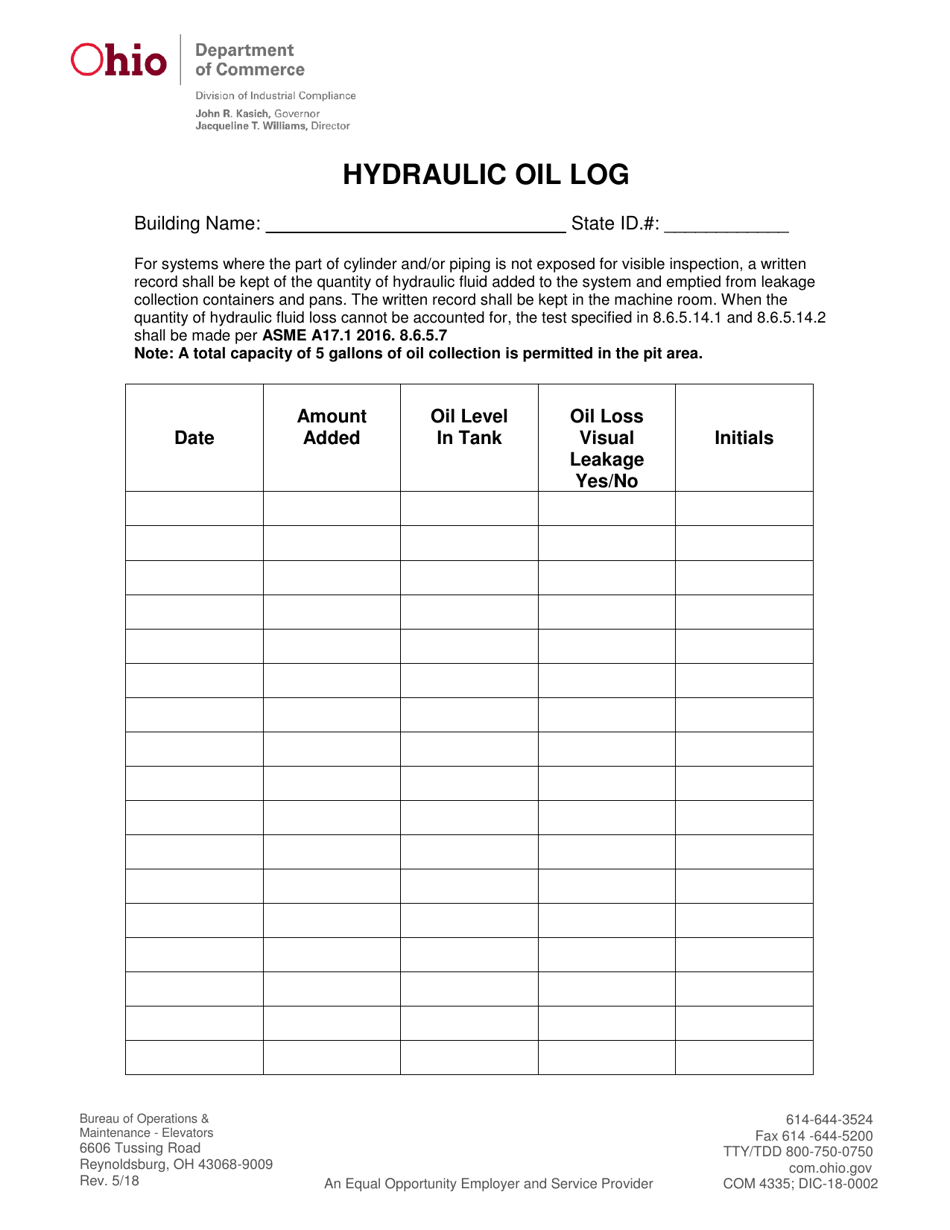 Form COM4335 Hydraulic Oil Log - Ohio, Page 1
