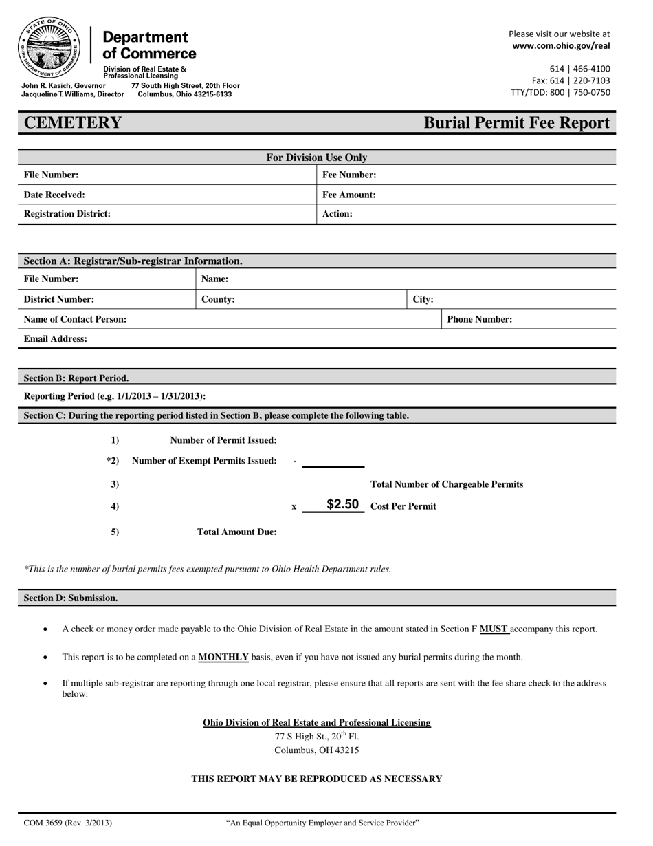 Form COM3659 Burial Permit Fee Report - Ohio, Page 1