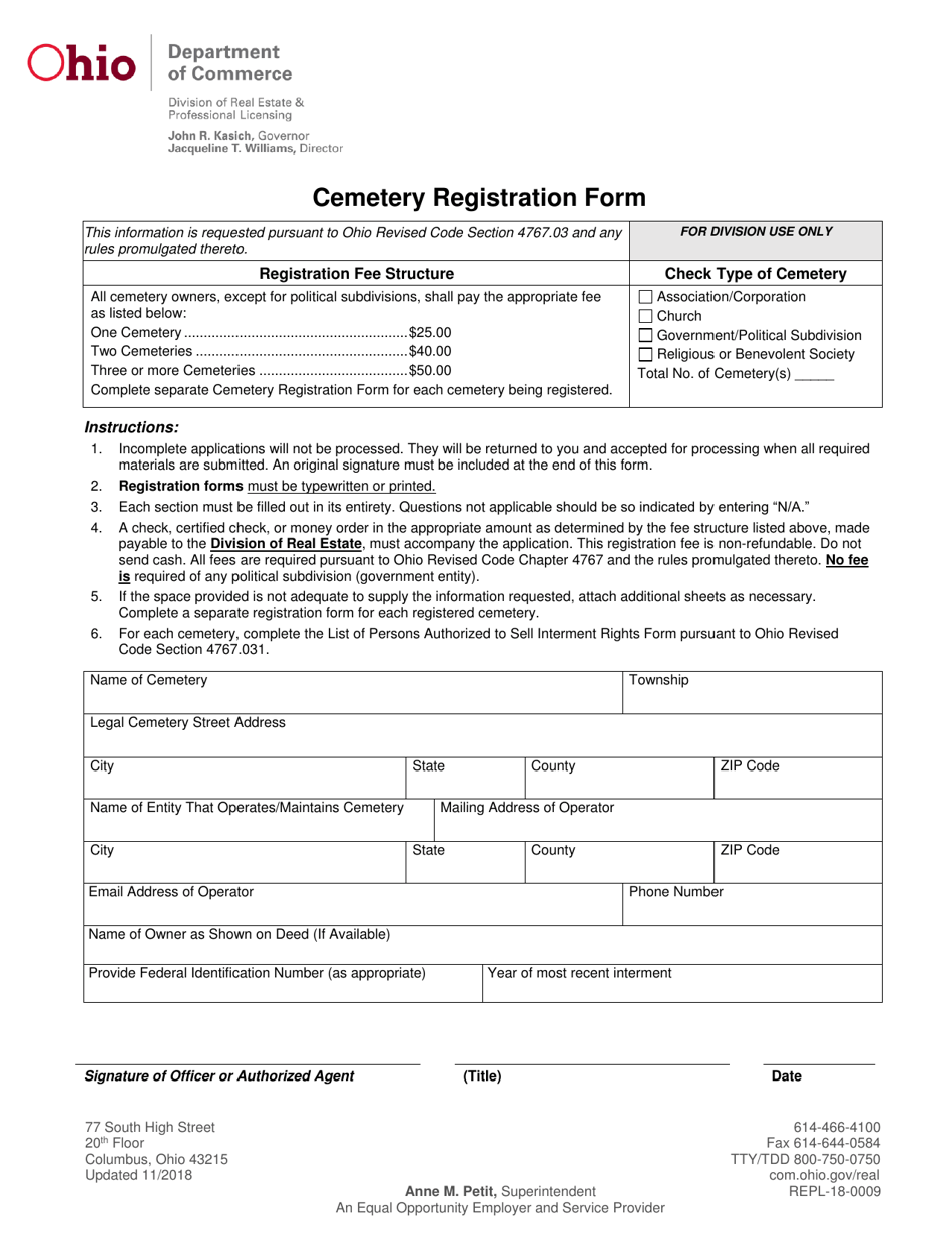 Form COM3662 Cemetery Registration Form - Ohio, Page 1