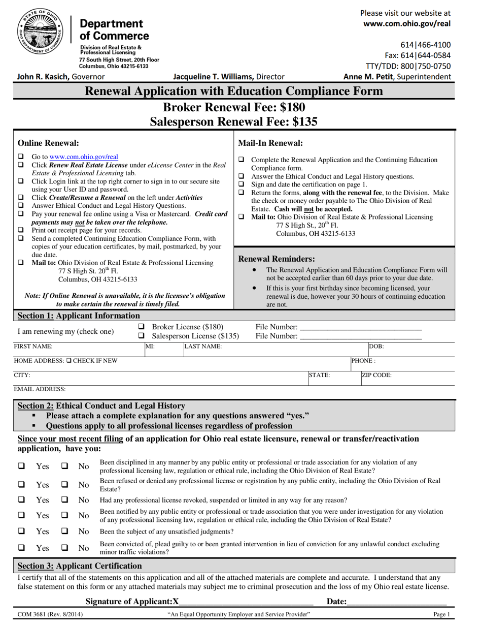 Form COM3681 License Renewal Application - Ohio, Page 1