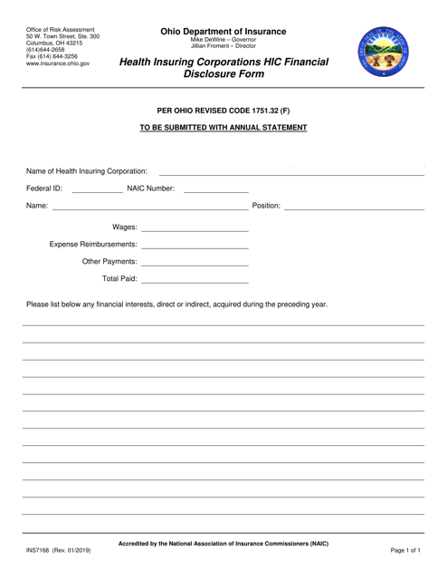 Form INS7168 Health Insuring Corporations Hic Financial Disclosure Form - Ohio