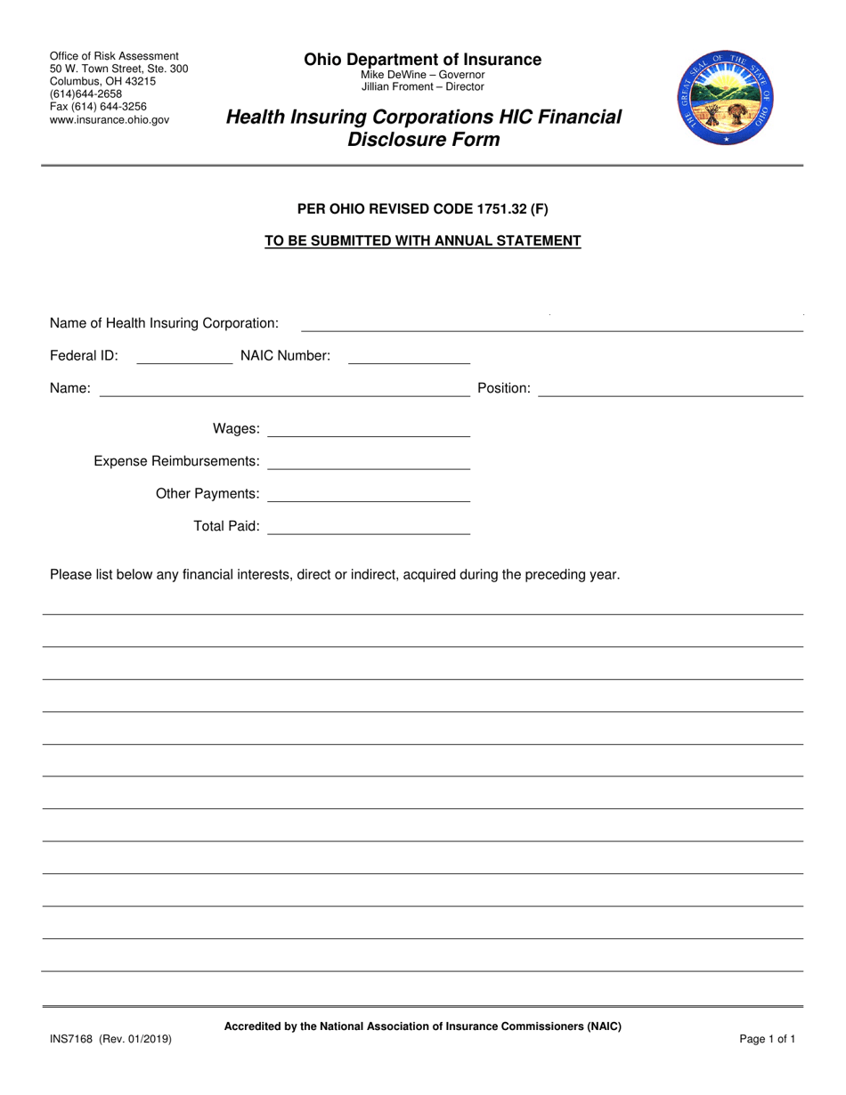 Form INS7168 Health Insuring Corporations Hic Financial Disclosure Form - Ohio, Page 1