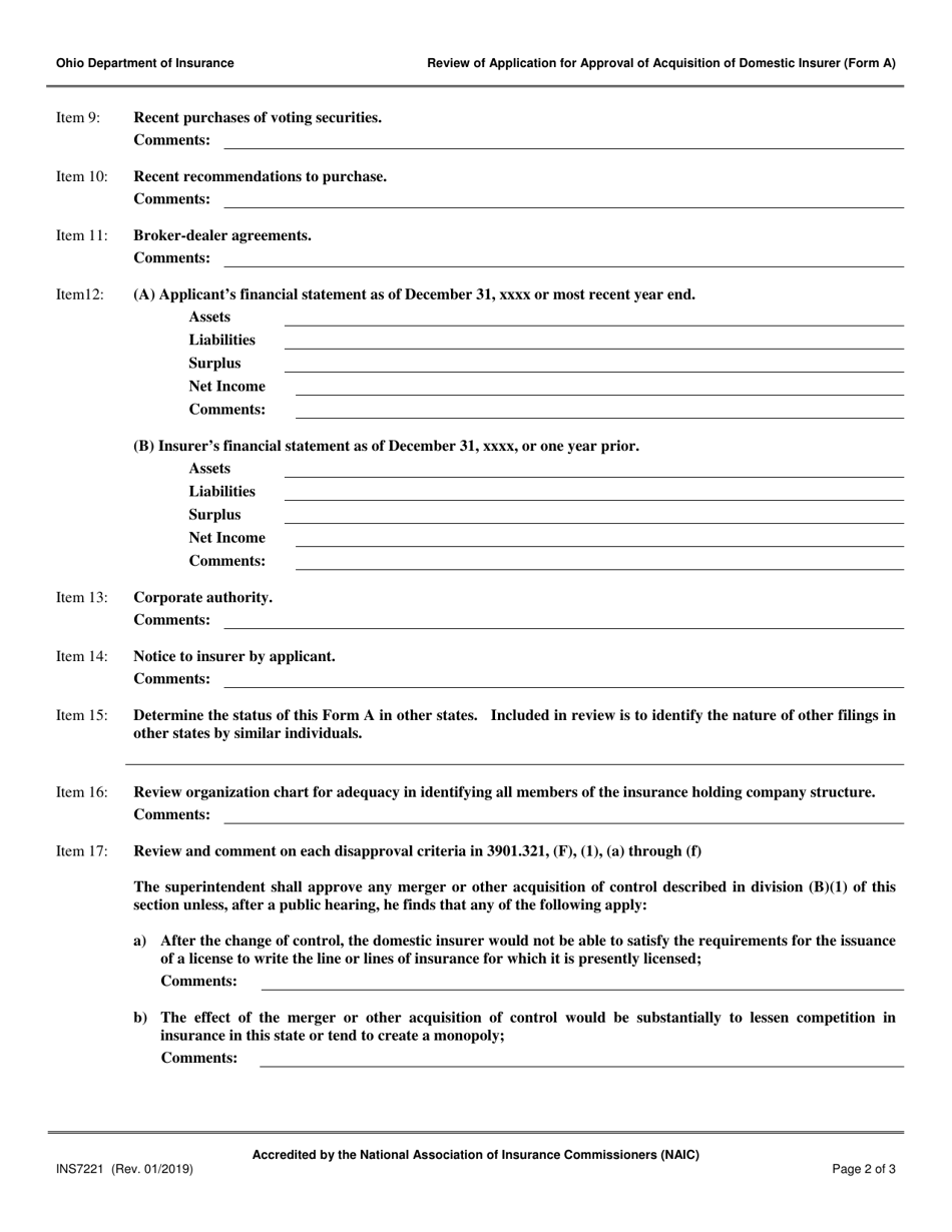 Form A (INS7221) Review of Application for Approval of Acquisition of Domestic Insurer - Ohio, Page 2