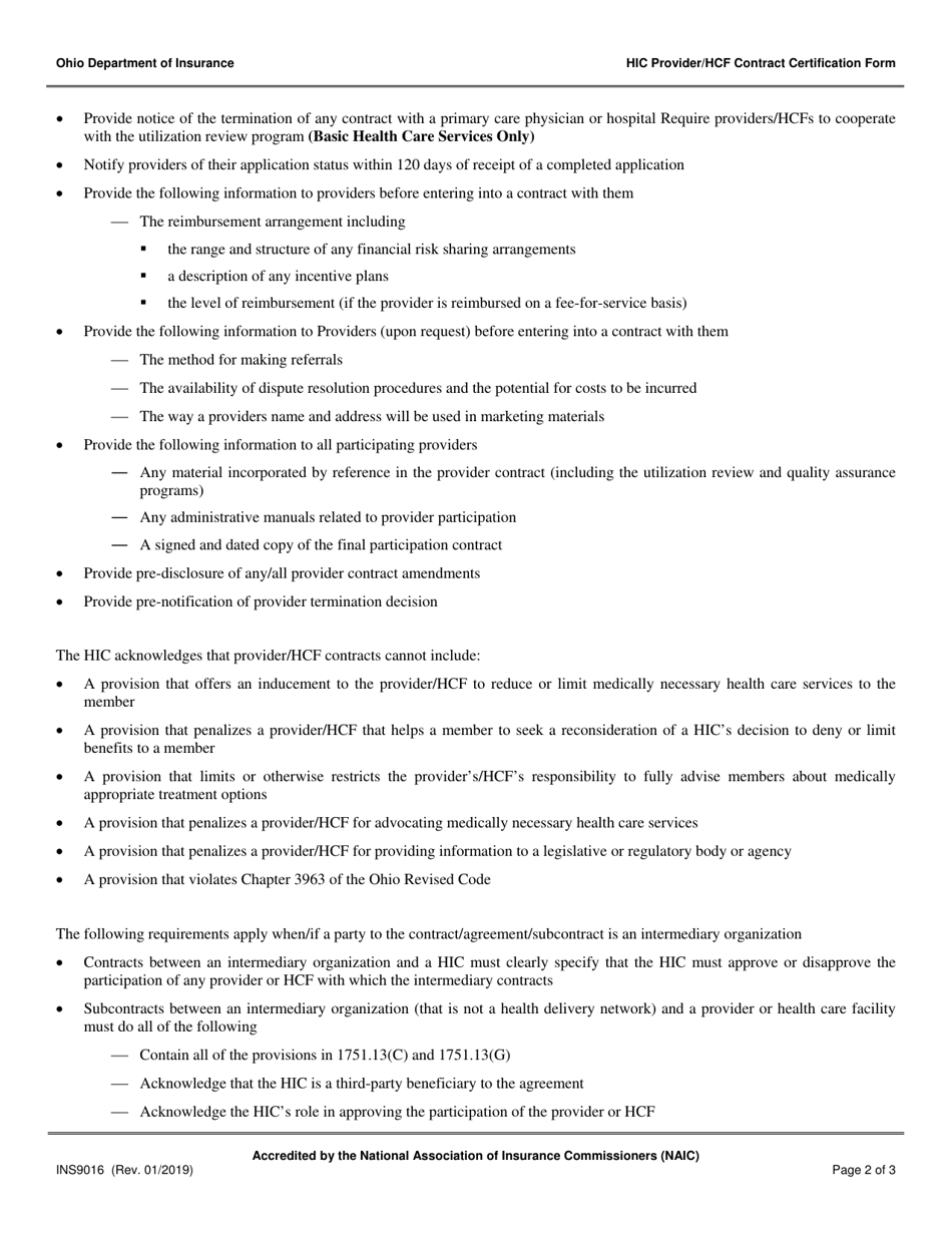 Form INS9016 Hic Provider / Hcf Contract Certification Form - Ohio, Page 2