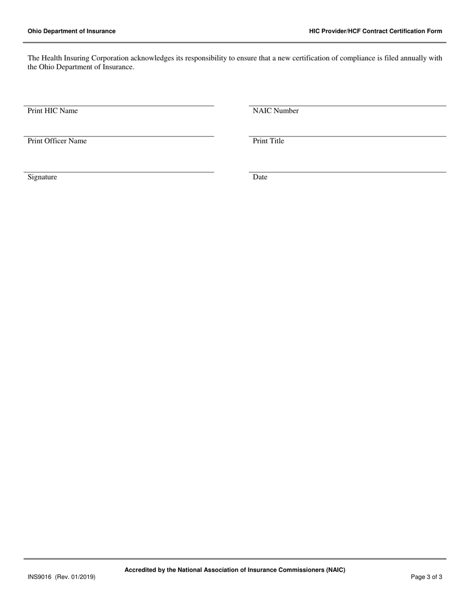Form INS9016 Hic Provider / Hcf Contract Certification Form - Ohio, Page 3