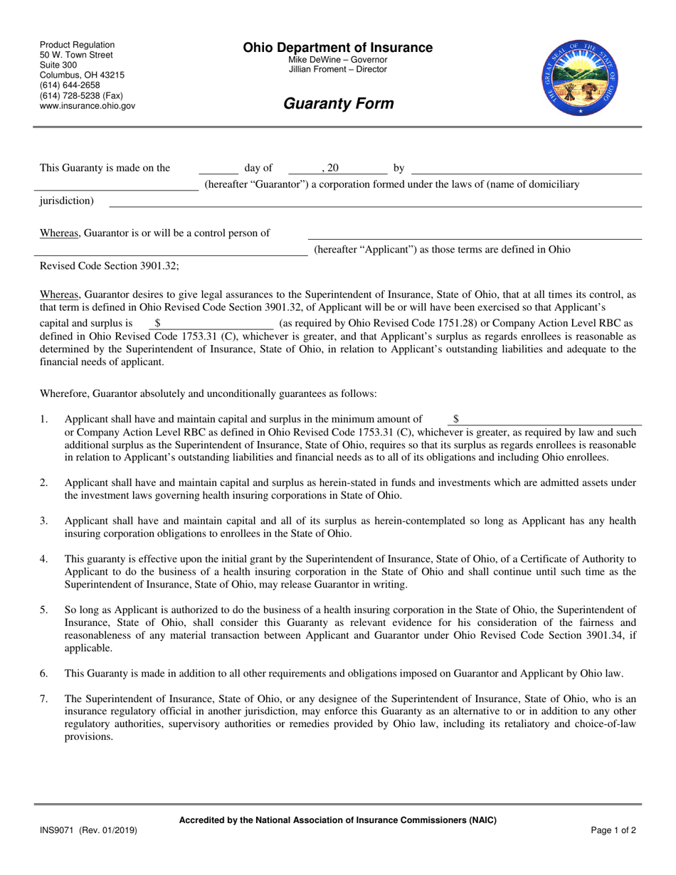 Form INS9071 Guaranty Form - Ohio, Page 1