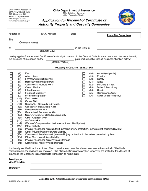 Form INS7005 Application for Certificate of Authority - P&c - Ohio