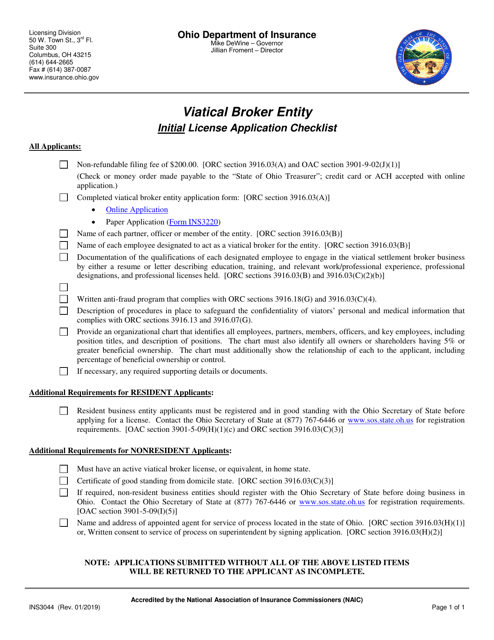 Form INS3044 Viatical Broker Entity Initial License Application Checklist - Ohio