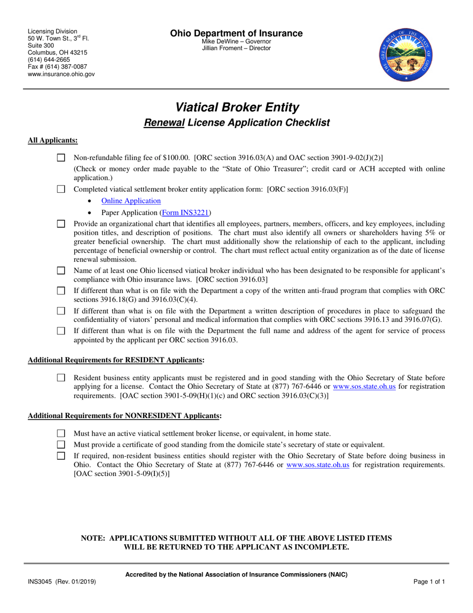 Form INS3045 Viatical Broker Entity Renewal License Application Checklist - Ohio, Page 1