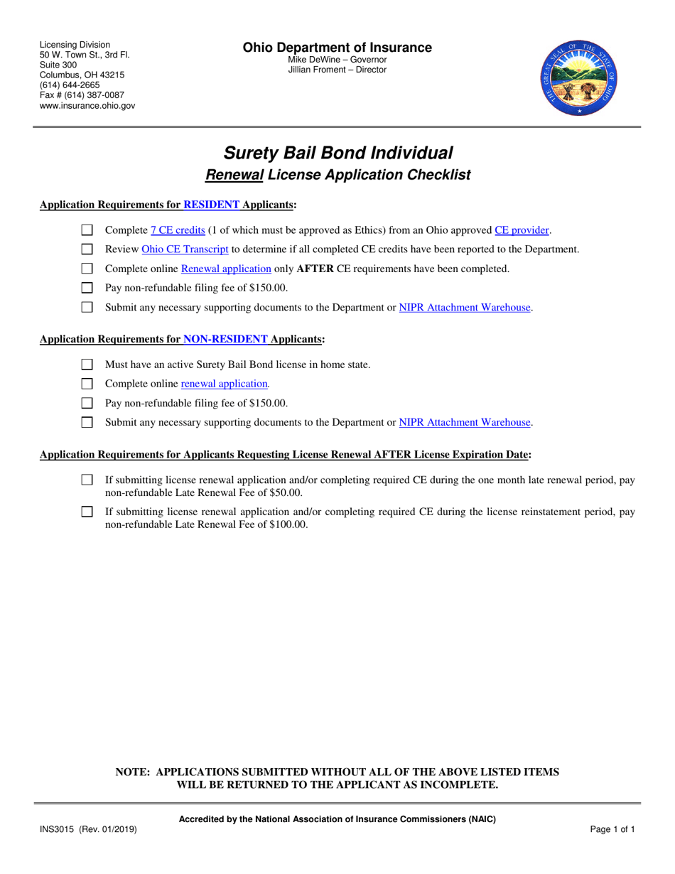 Form INS3015 Surety Bail Bond Individual Renewal License Application Checklist - Ohio, Page 1