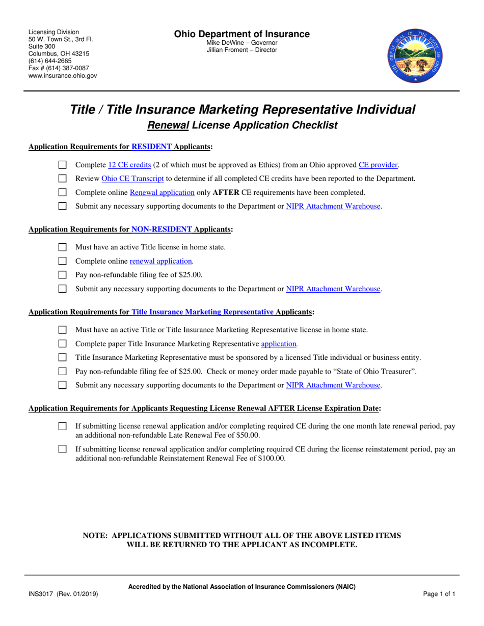 Form INS3017 Title / Title Insurance Marketing Representative Individual Renewal License Application Checklist - Ohio, Page 1