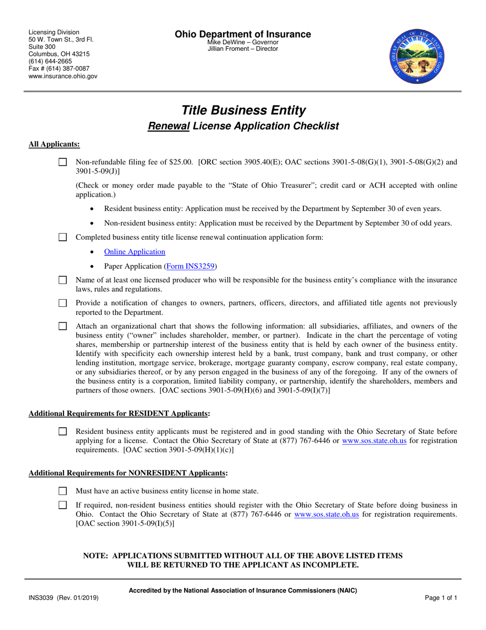 Form INS3039 Title Business Entity Renewal License Application Checklist - Ohio, Page 1