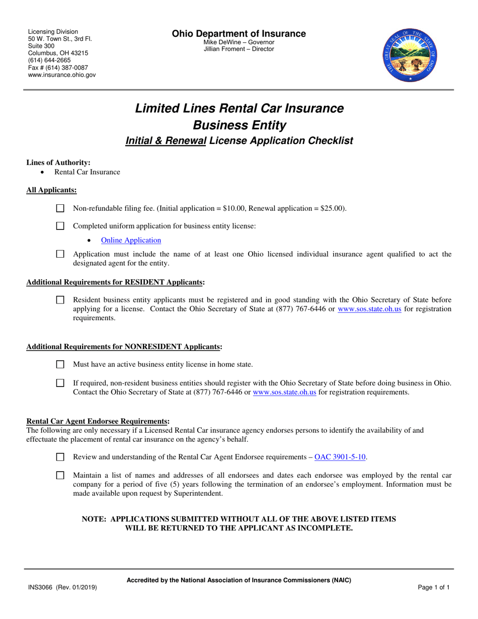 Form INS3066 Limited Lines Rental Car Insurance Initial  Renewal Application Checklist - Ohio, Page 1