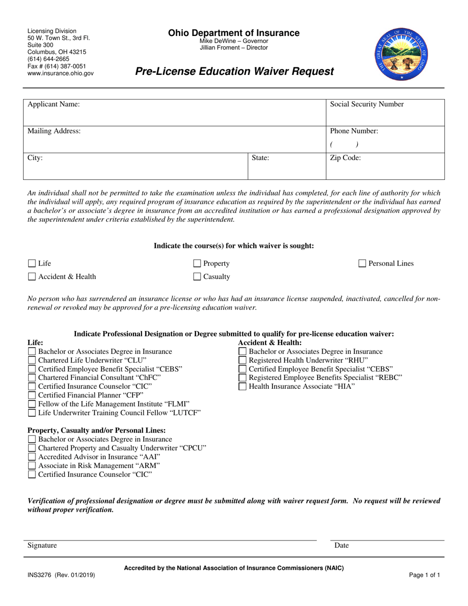 Form INS3276 Pre-license Education Waiver Request - Ohio, Page 1