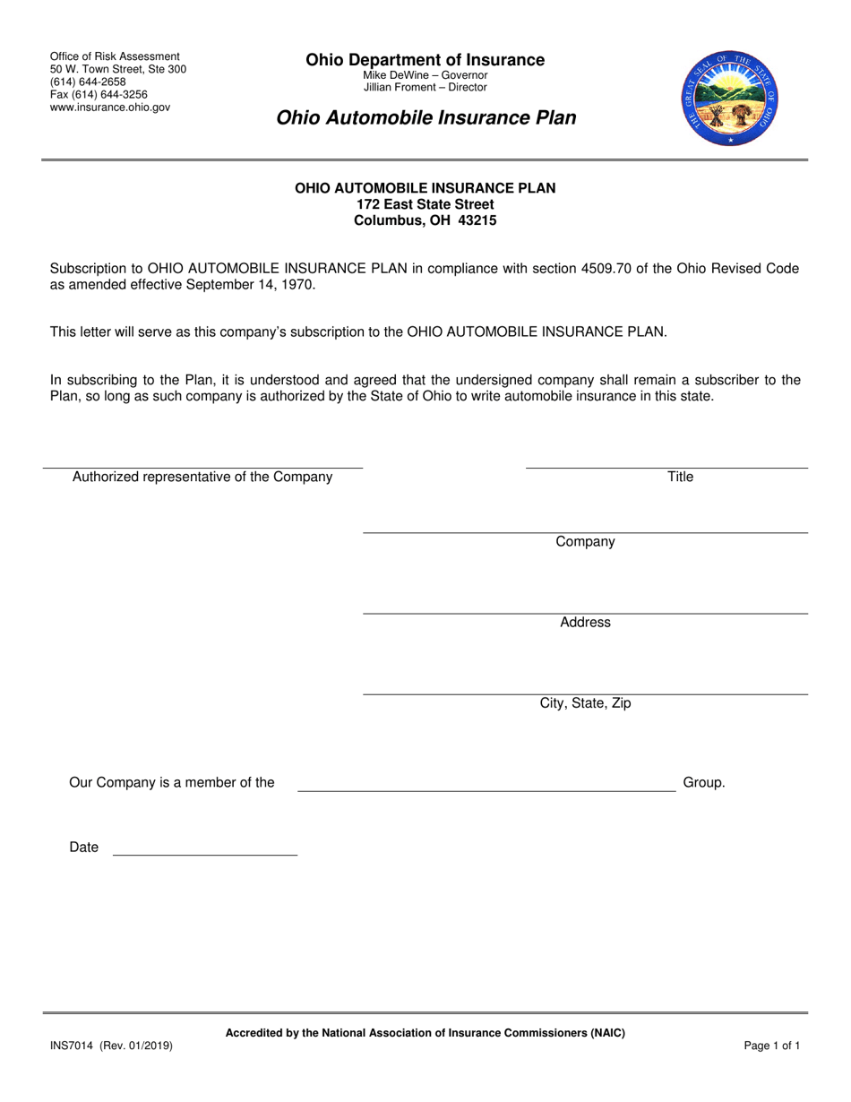 Form INS7014 Ohio Automobile Insurance Plan - Ohio, Page 1