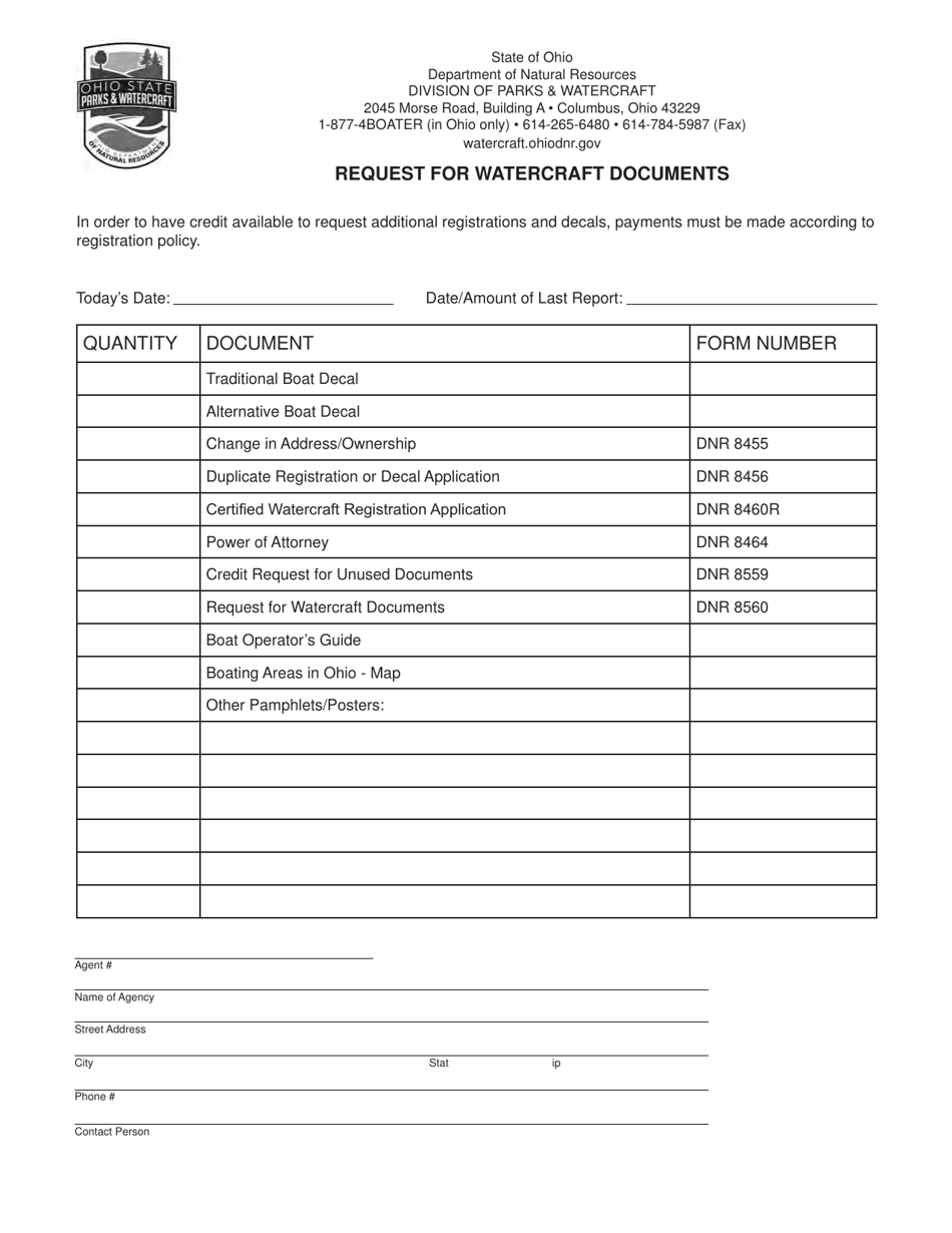 Form DNR8560 Request for Watercraft Documents - Ohio, Page 1