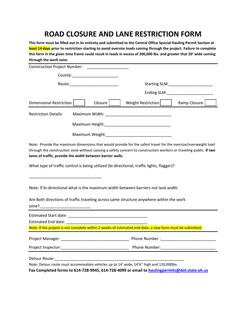 Ohio Road Closure and Lane Restriction Form Fill Out, Sign Online and