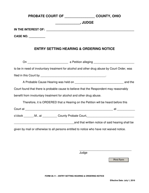 Form 26.11 Entry Setting Hearing & Ordering Notice - Ohio