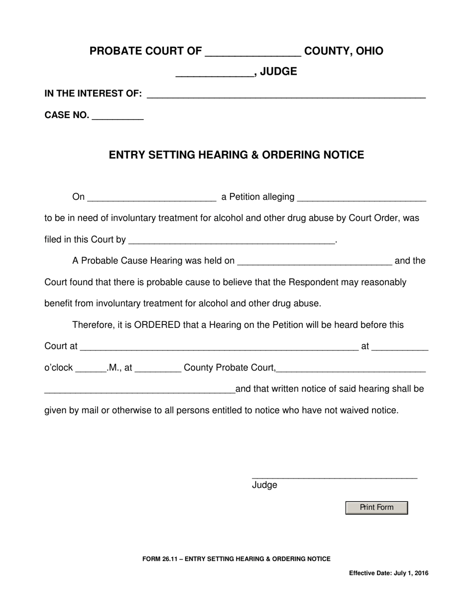 Form 26.11 Entry Setting Hearing  Ordering Notice - Ohio, Page 1