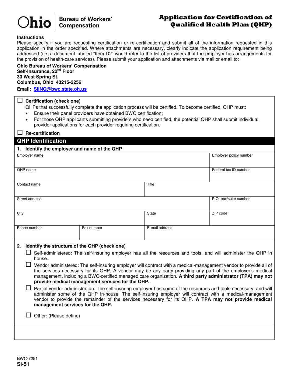 Form SI-51 (BWC-7251) Application for Certification of Qualified Health Plan (Qhp) - Ohio, Page 1