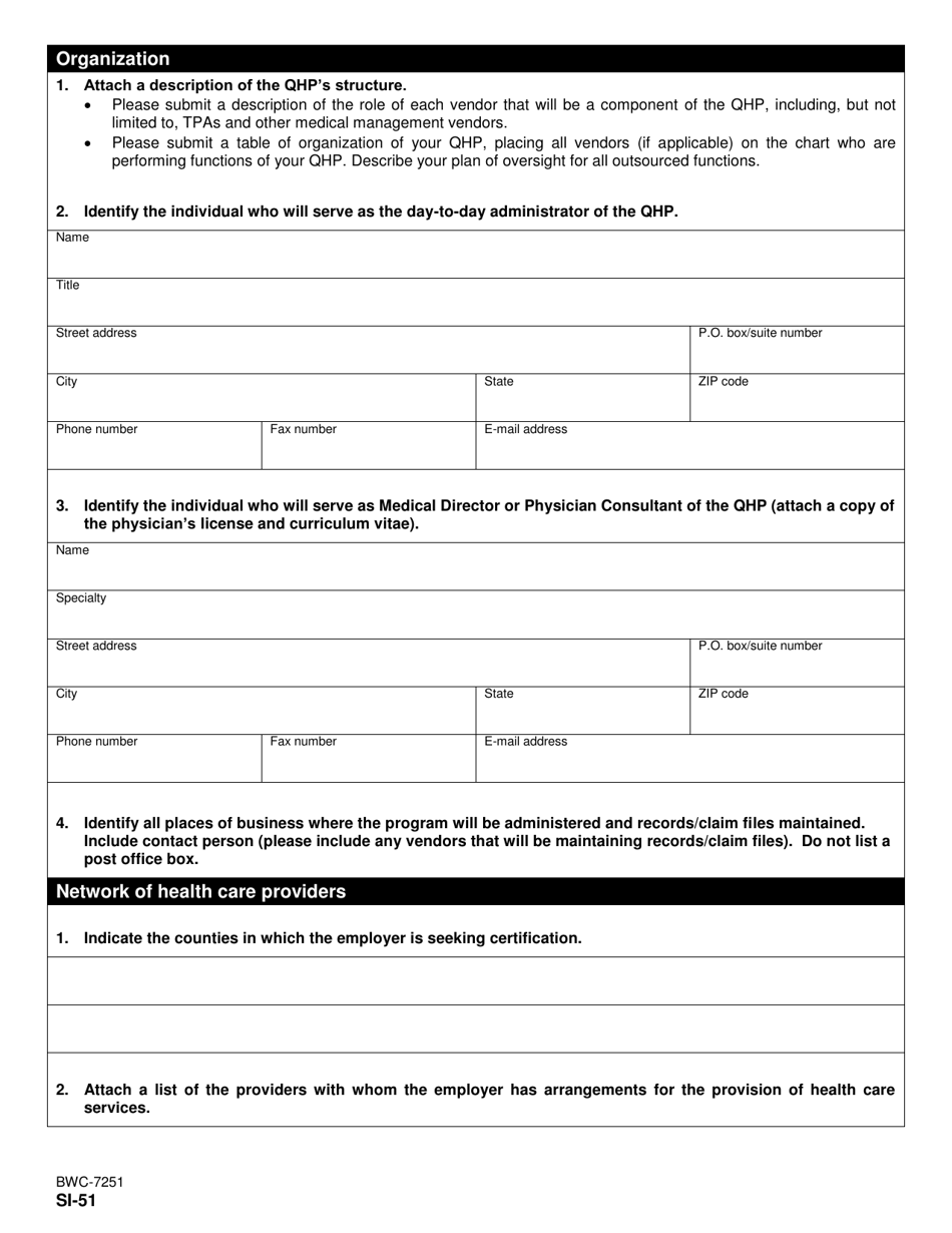Form SI-51 (BWC-7251) Application for Certification of Qualified Health Plan (Qhp) - Ohio, Page 2