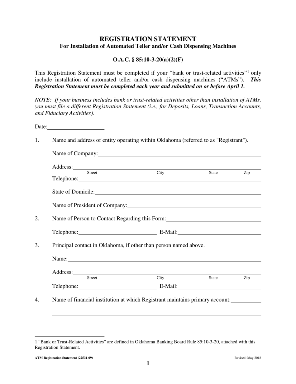 Registration Statement for Installation of Automated Teller and / or Cash Dispensing Machines - Oklahoma, Page 1