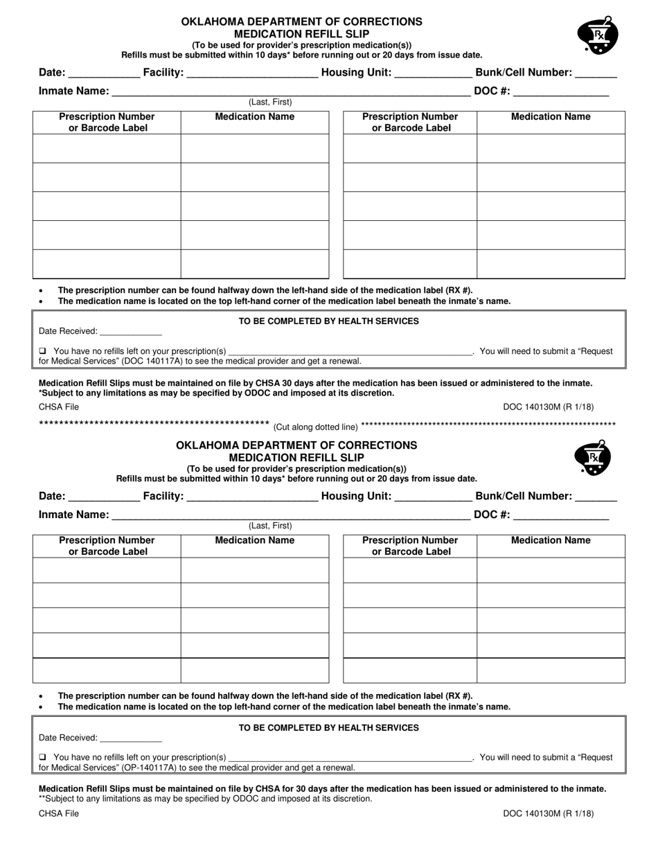 Form OP-140130 M Medication Refill Slip - Oklahoma, Page 1