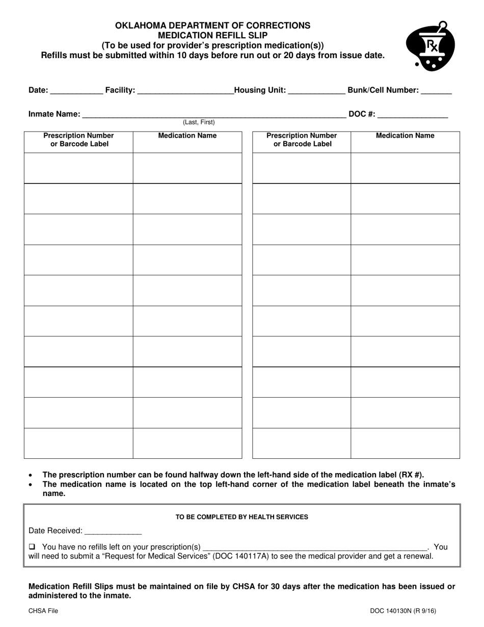 Form OP-140130 N Medication Refill Slip (Single Form) - Oklahoma, Page 1