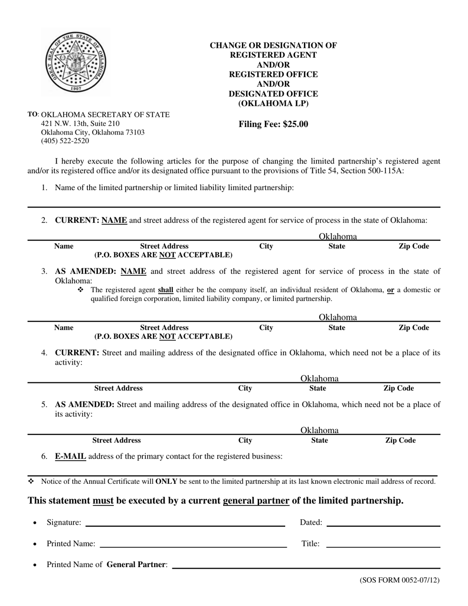 SOS Form 0052 Change or Designation of Registered Agent and / or Registered Office and / or Designated Office (Oklahoma Lp) - Oklahoma, Page 1
