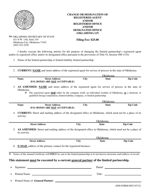 SOS Form 0052 Change or Designation of Registered Agent and/or Registered Office and/or Designated Office (Oklahoma Lp) - Oklahoma