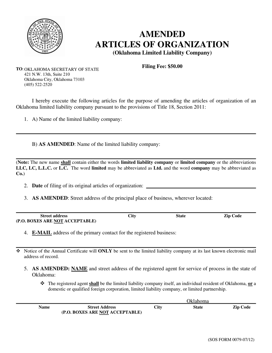SOS Form 0079 Amended Articles of Organization (Oklahoma Limited Liability Company) - Oklahoma, Page 1