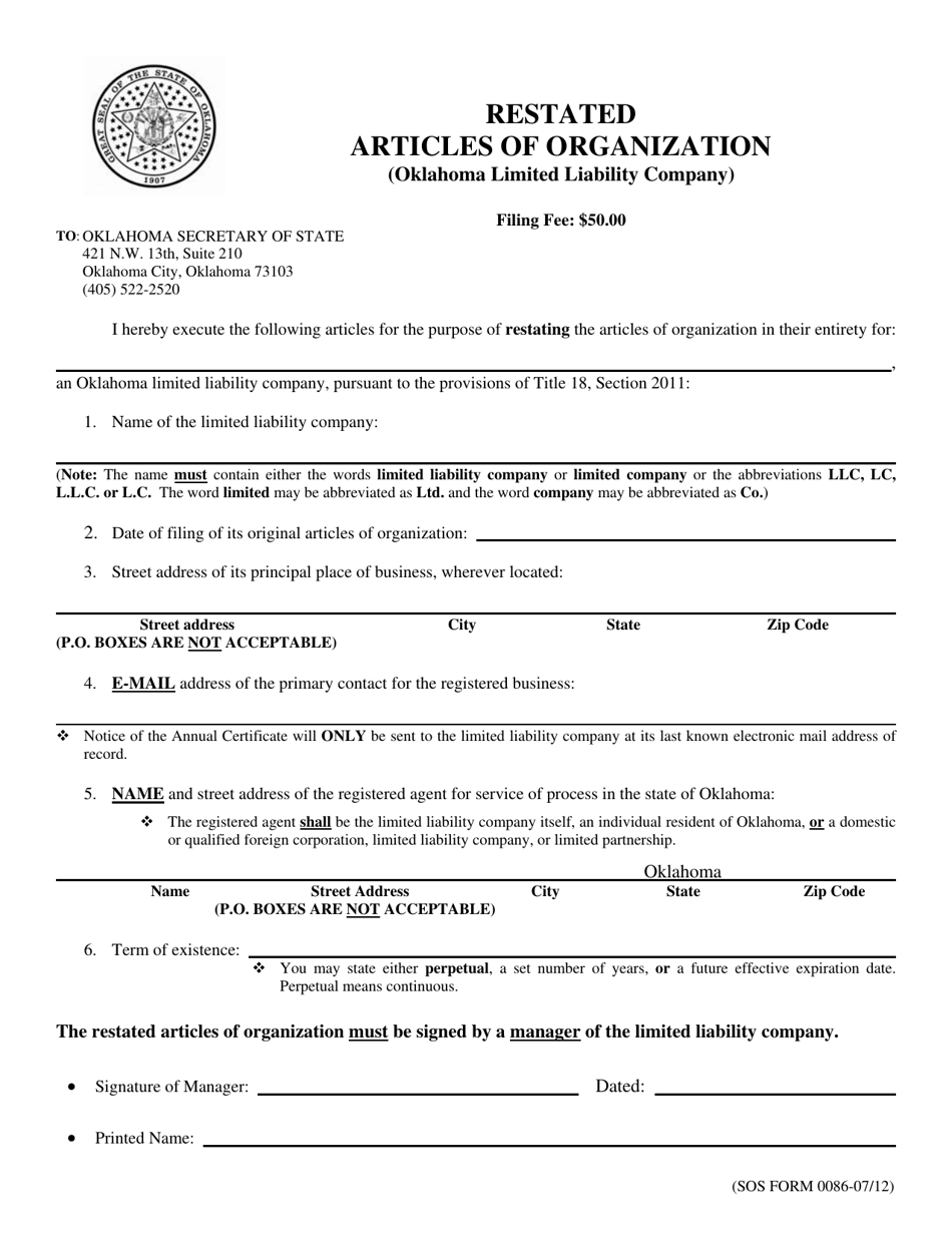 SOS Form 0086 Restated Articles of Organization - Oklahoma, Page 1