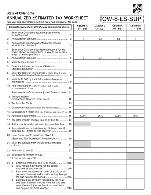 OTC Form OW-8-ES-SUP Annualized Estimated Tax Worksheet - Oklahoma, 2019