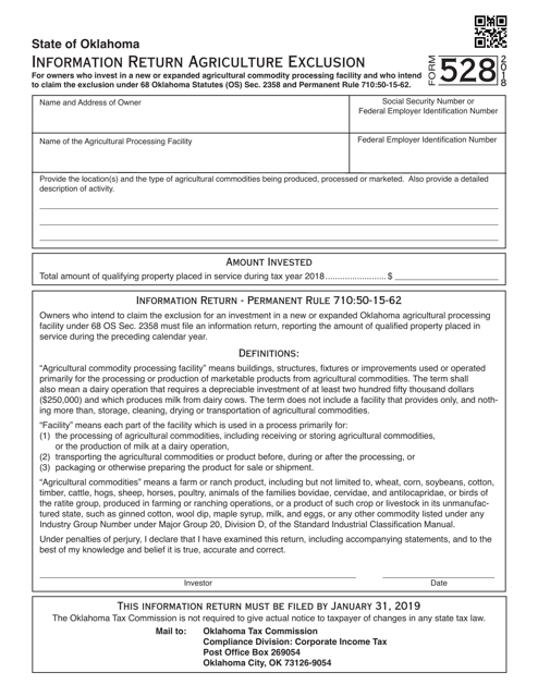 OTC Form 528 Information Return Agriculture Exclusion - Oklahoma, 2018
