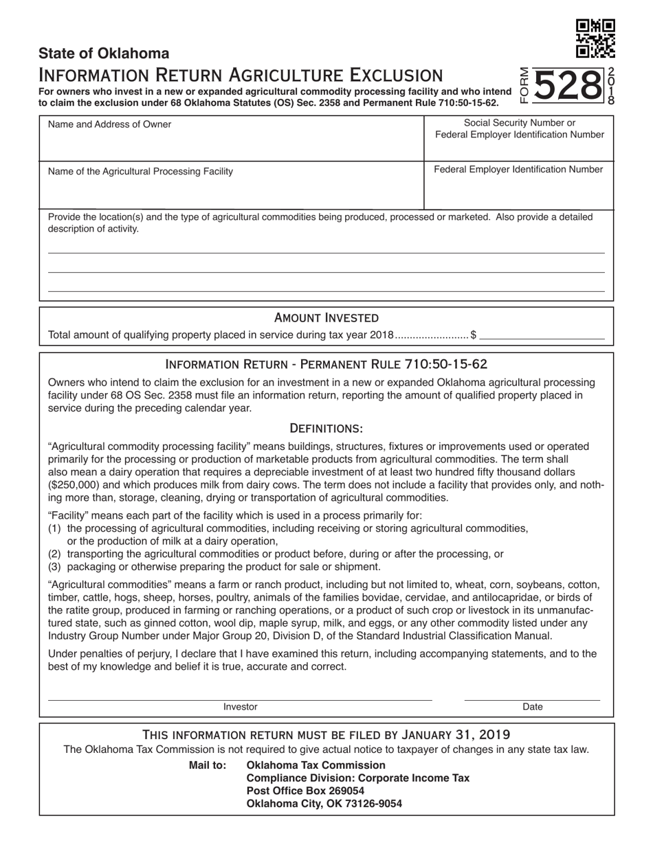 OTC Form 528 Information Return Agriculture Exclusion - Oklahoma, Page 1