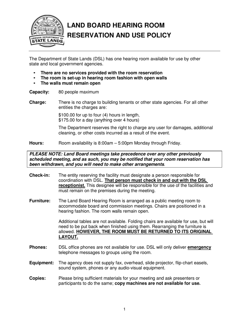 Land Board Hearing Room Reservation and Use Policy - Oregon, Page 1
