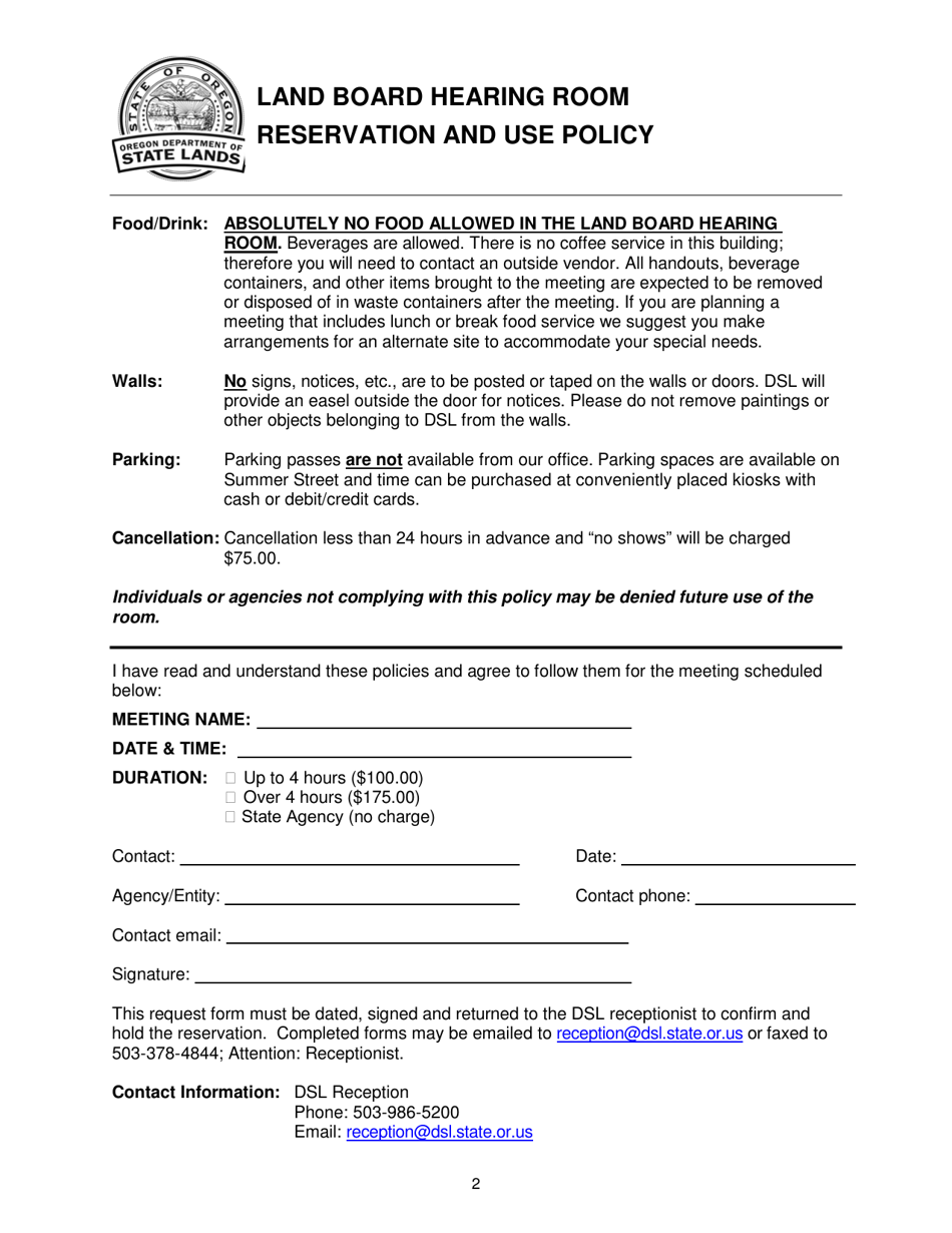 Land Board Hearing Room Reservation and Use Policy - Oregon, Page 2