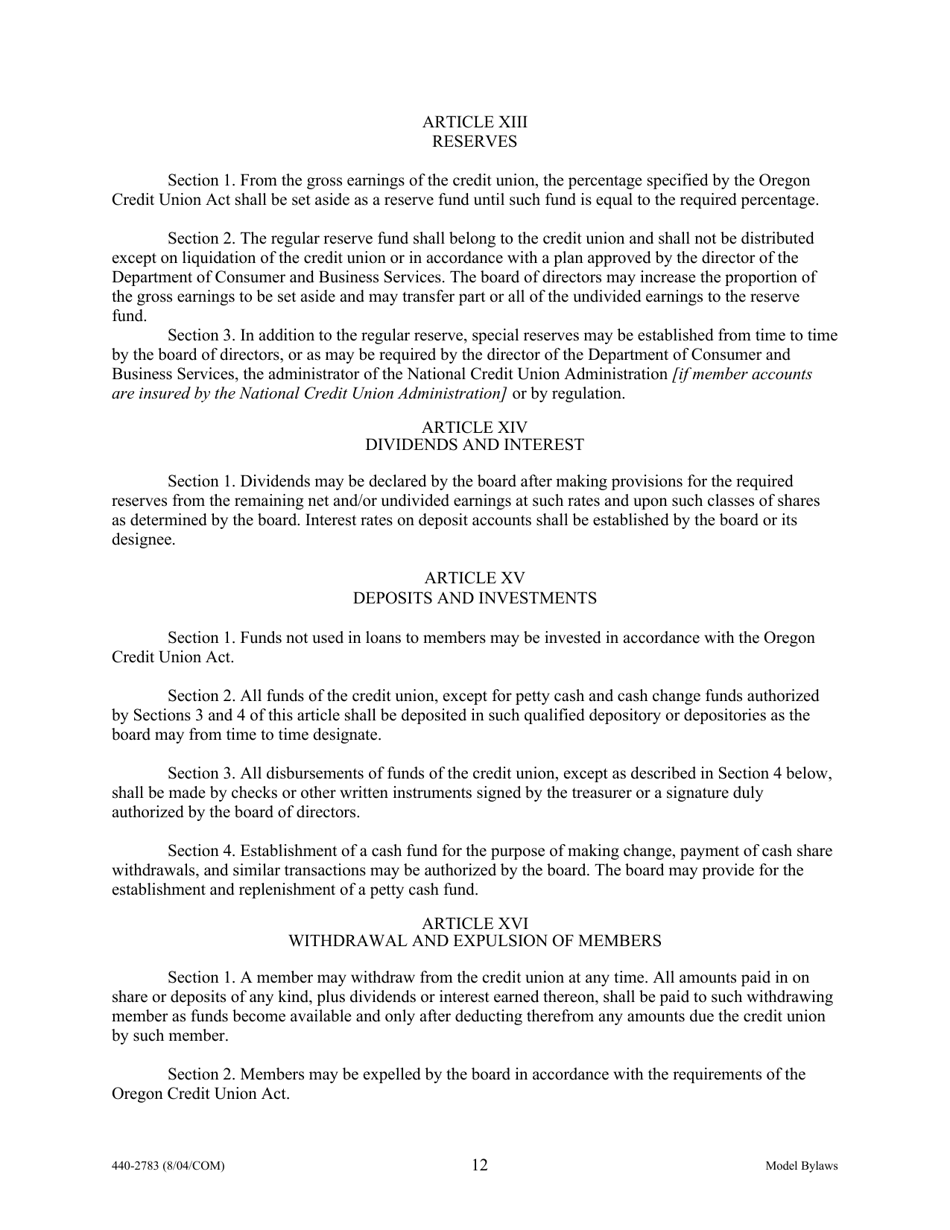 Form 440-2783 Model Bylaws - Oregon, Page 12