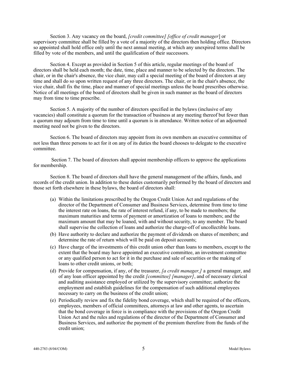 Form 440-2783 Model Bylaws - Oregon, Page 5