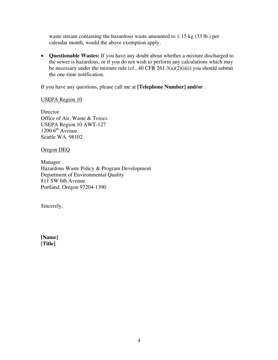 Rcra Hazardous Waste Notification Requirements Letter Template - Oregon, Page 4