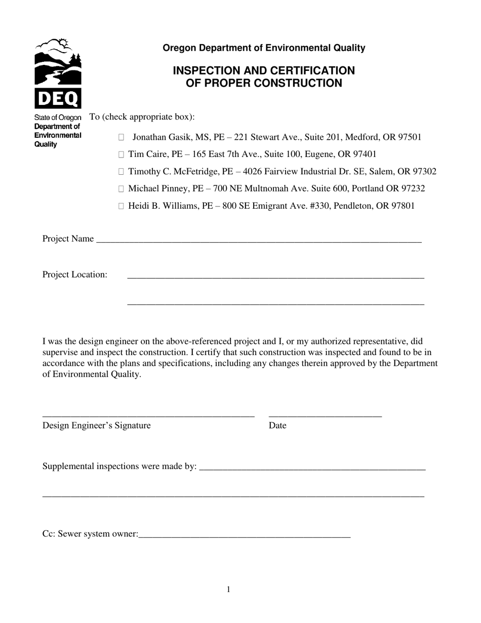 Inspection and Certification of Proper Construction - Oregon, Page 1