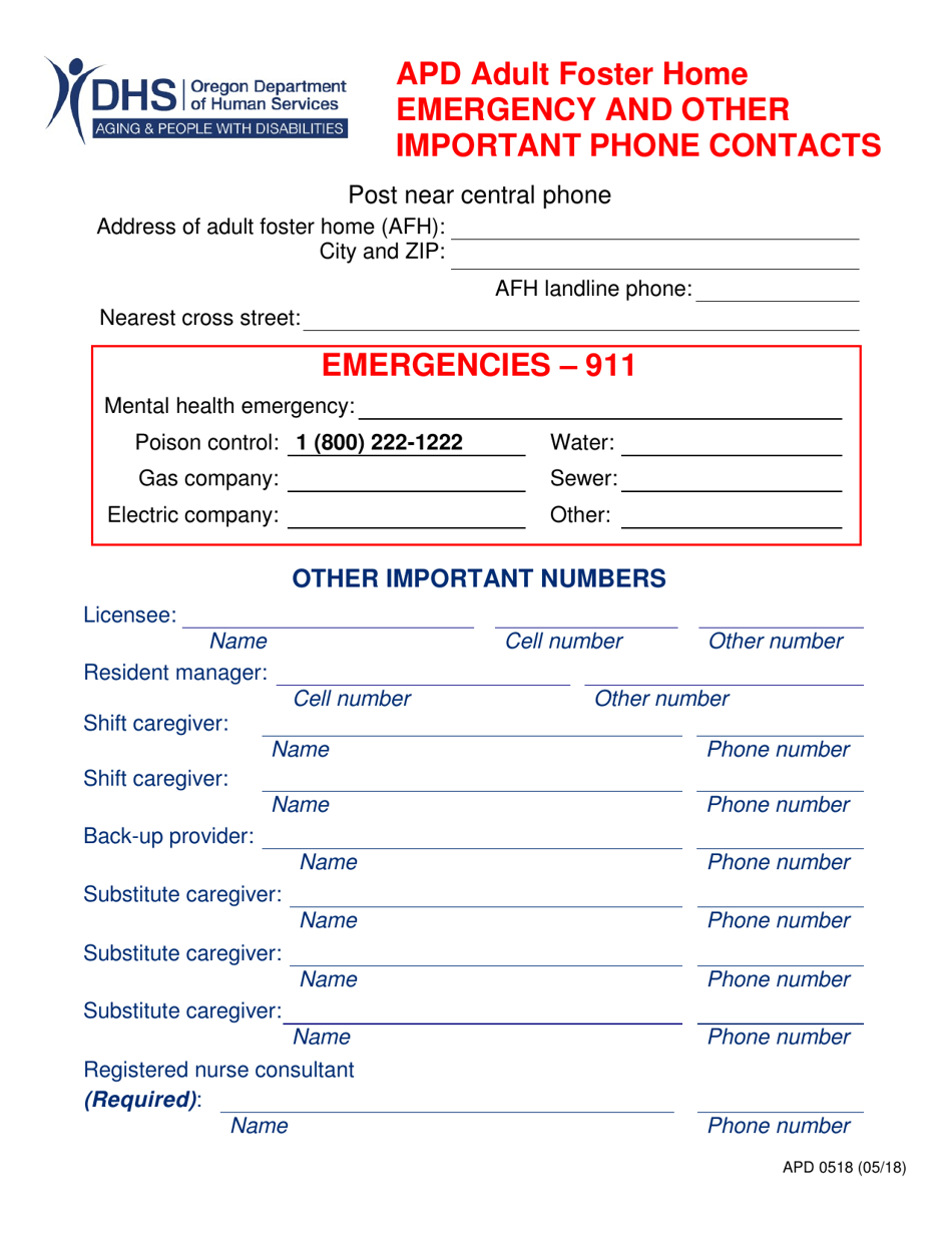 Form APD0518 Emergency and Other Important Telephone Numbers (For Posting) - Oregon, Page 1