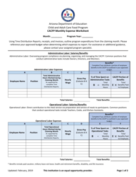 CACFP Monthly Expense Worksheet - Arizona