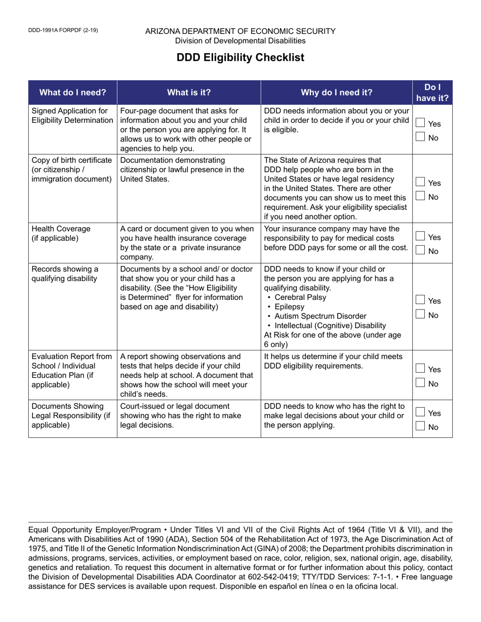 Form DDD-1991A Ddd Eligibility Checklist - Arizona, Page 1